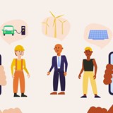 Cartoon graphics of people buying and selling energy